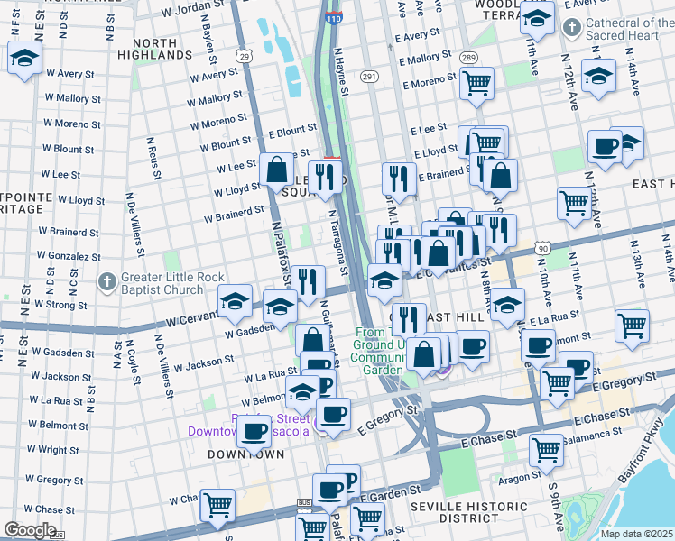 map of restaurants, bars, coffee shops, grocery stores, and more near 161 East Strong Street in Pensacola