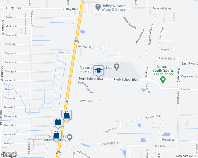 map of restaurants, bars, coffee shops, grocery stores, and more near 2446 Cameron Way in Navarre