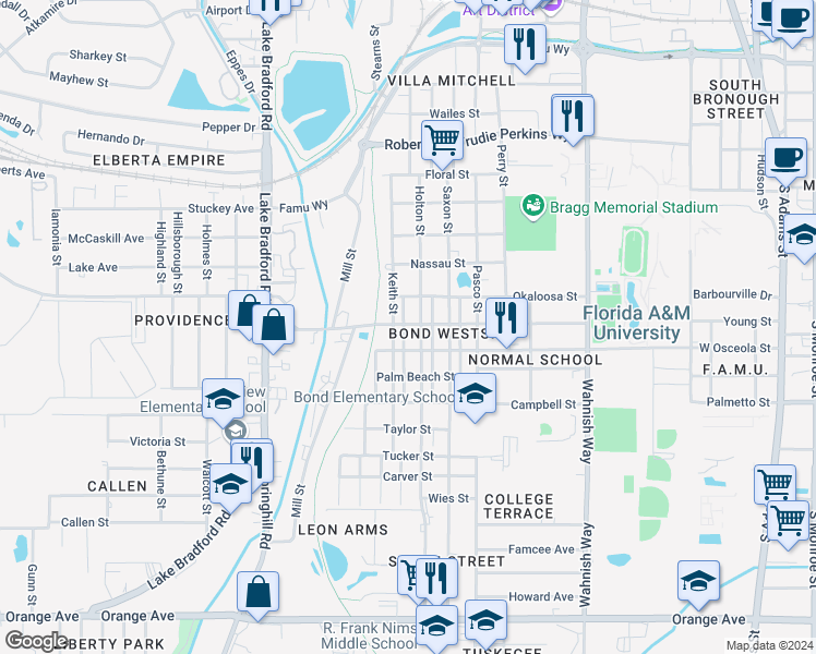 map of restaurants, bars, coffee shops, grocery stores, and more near 2001 Daisy Street in Tallahassee