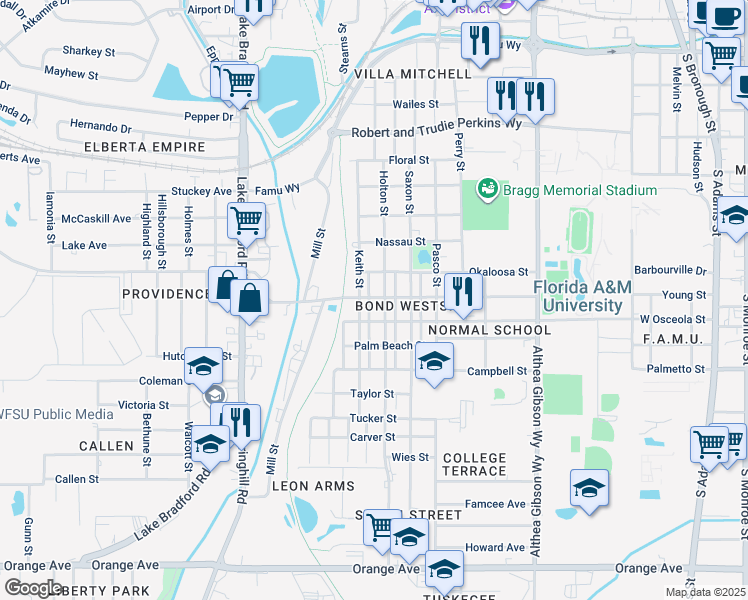 map of restaurants, bars, coffee shops, grocery stores, and more near 2001 Daisy Street in Tallahassee