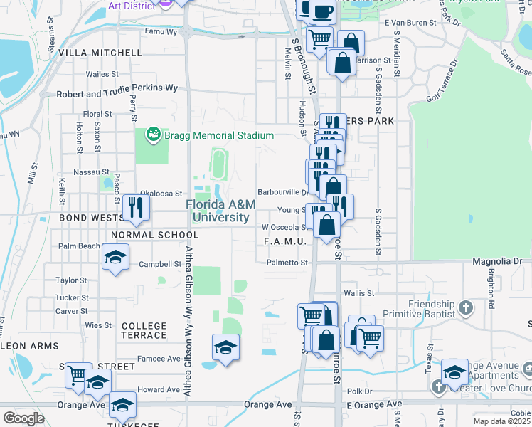 map of restaurants, bars, coffee shops, grocery stores, and more near 308 Young Street in Tallahassee