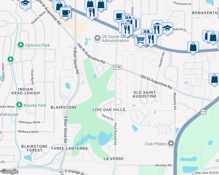 map of restaurants, bars, coffee shops, grocery stores, and more near 1569 Keily Run in Tallahassee