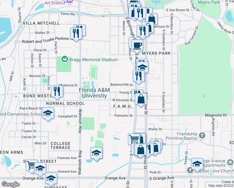 map of restaurants, bars, coffee shops, grocery stores, and more near 2001 Broad Street in Tallahassee