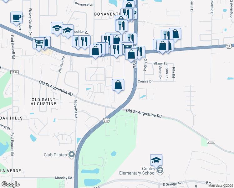 map of restaurants, bars, coffee shops, grocery stores, and more near 1717 Augustine Place in Tallahassee