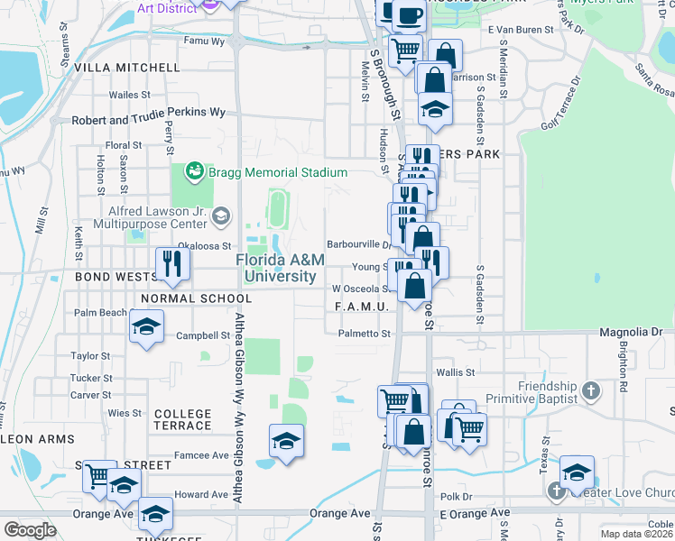 map of restaurants, bars, coffee shops, grocery stores, and more near 308 Young Street in Tallahassee