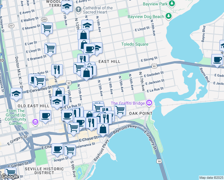 map of restaurants, bars, coffee shops, grocery stores, and more near 1300 East Gadsden Street in Pensacola