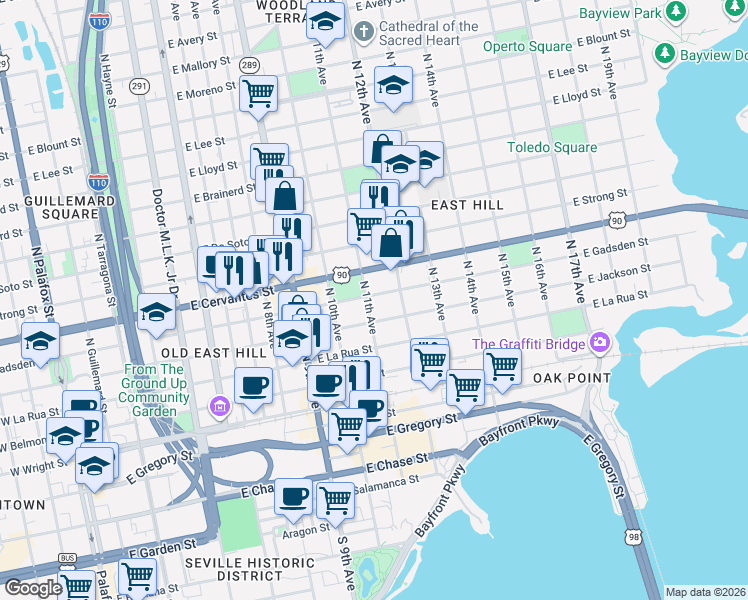 map of restaurants, bars, coffee shops, grocery stores, and more near 1102 East Gadsden Street in Pensacola