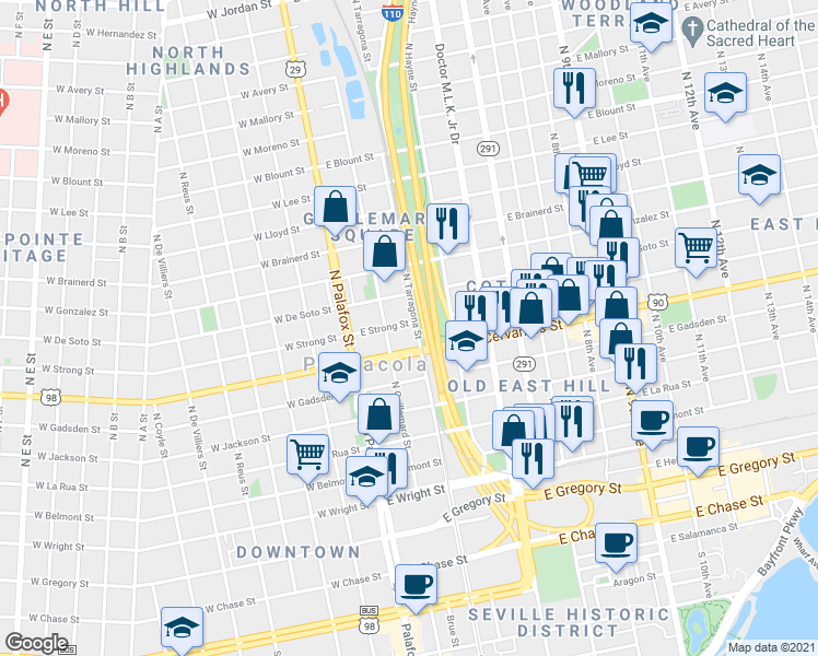 map of restaurants, bars, coffee shops, grocery stores, and more near 909 North Tarragona Street in Pensacola