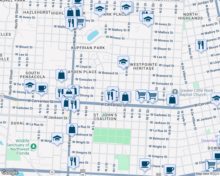 map of restaurants, bars, coffee shops, grocery stores, and more near 1012 North J Street in Pensacola