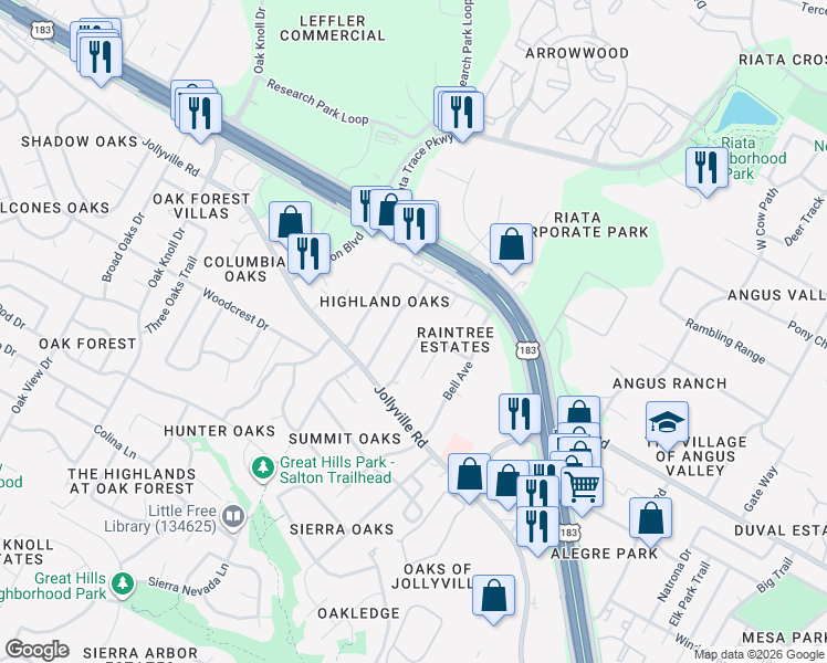 map of restaurants, bars, coffee shops, grocery stores, and more near 11903 Highland Oaks Trail in Austin