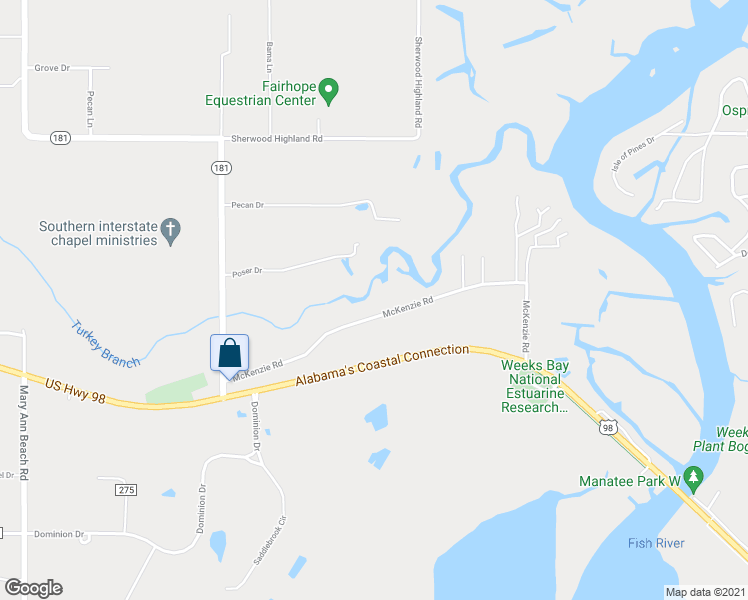 map of restaurants, bars, coffee shops, grocery stores, and more near 10891 McKenzie Road in Fairhope
