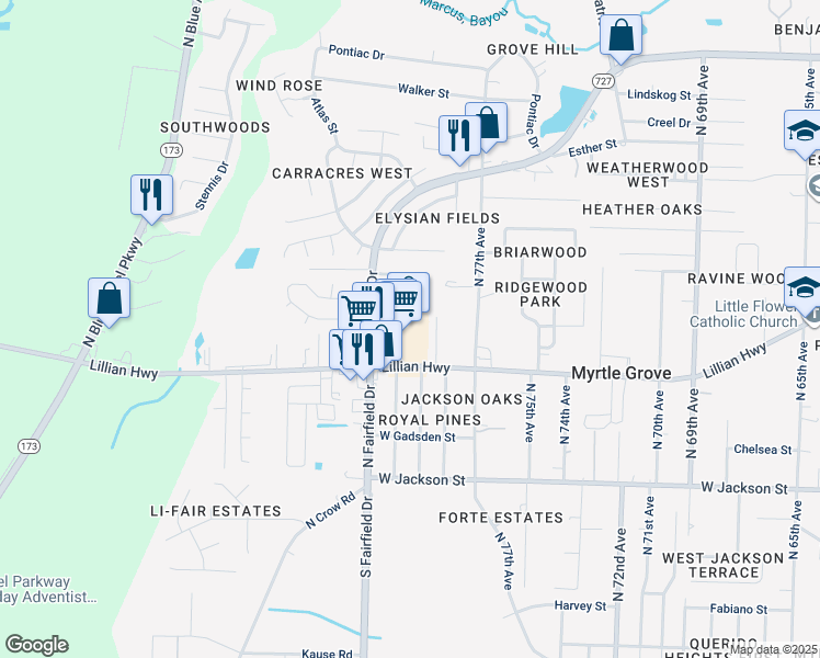 map of restaurants, bars, coffee shops, grocery stores, and more near 8187 West Fairfield Drive in Pensacola