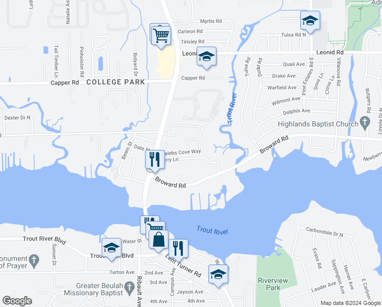 map of restaurants, bars, coffee shops, grocery stores, and more near 2870 Calebs Cove Way in Jacksonville