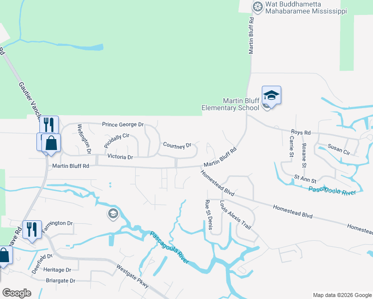 map of restaurants, bars, coffee shops, grocery stores, and more near 1705 Courtney Drive in Gautier