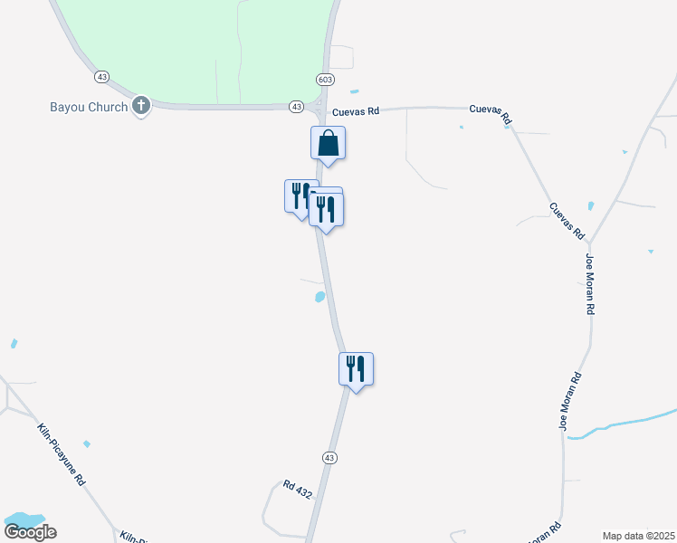 map of restaurants, bars, coffee shops, grocery stores, and more near 17286 Mississippi 603 in Kiln