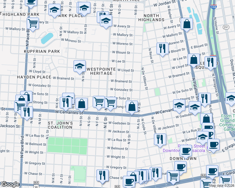 map of restaurants, bars, coffee shops, grocery stores, and more near 1019 North C Street in Pensacola
