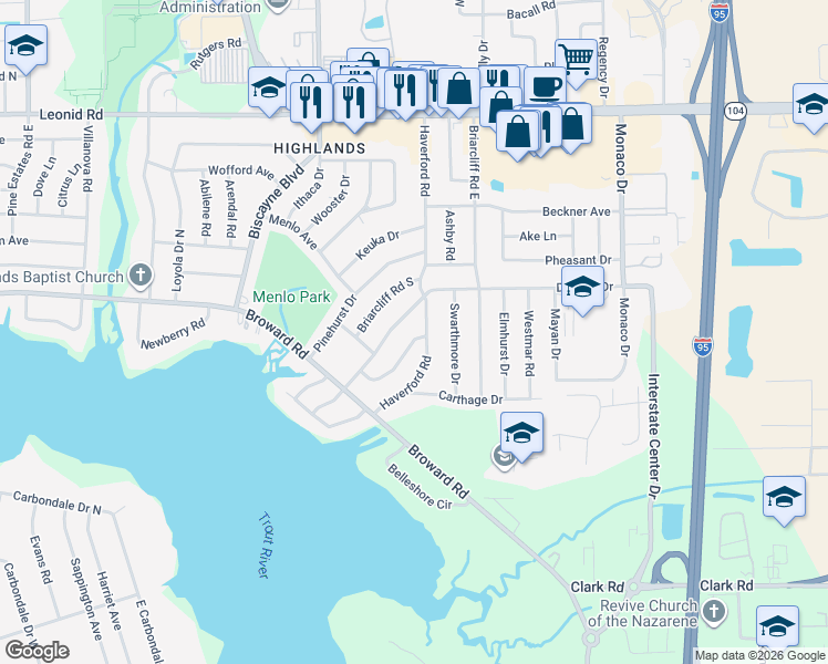 map of restaurants, bars, coffee shops, grocery stores, and more near 10321 Haverford Road in Jacksonville
