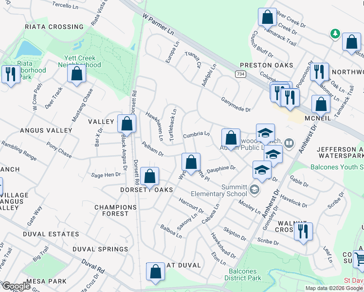 map of restaurants, bars, coffee shops, grocery stores, and more near 12314 Antoinette Place in Austin