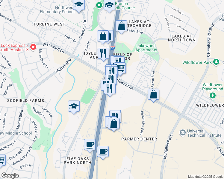 map of restaurants, bars, coffee shops, grocery stores, and more near 13609 Interstate 35 in Austin
