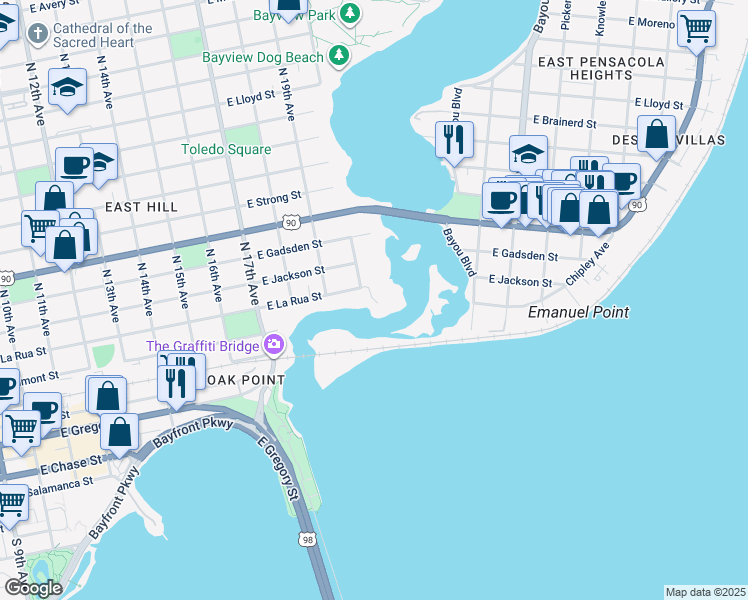 map of restaurants, bars, coffee shops, grocery stores, and more near 408 La Rua Landing in Pensacola