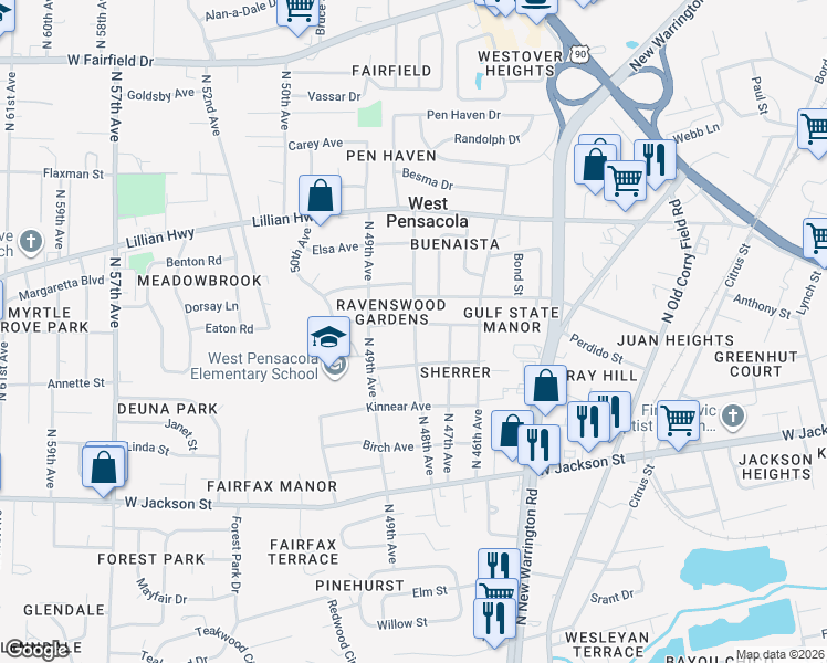 map of restaurants, bars, coffee shops, grocery stores, and more near 921 North 48th Avenue in Pensacola