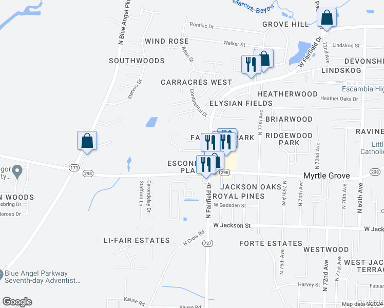 map of restaurants, bars, coffee shops, grocery stores, and more near 8172 Imperial Drive in Pensacola