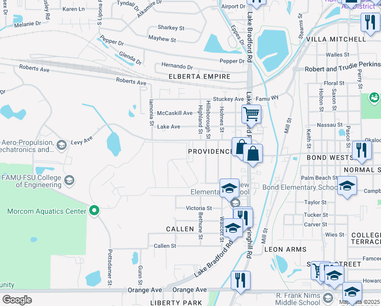 map of restaurants, bars, coffee shops, grocery stores, and more near 1517 Levy Avenue in Tallahassee