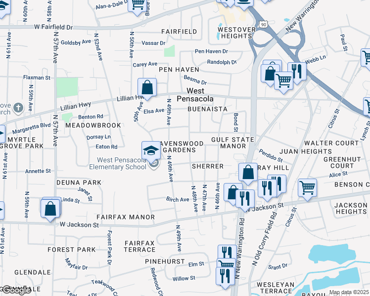 map of restaurants, bars, coffee shops, grocery stores, and more near 4800 State Street in Pensacola