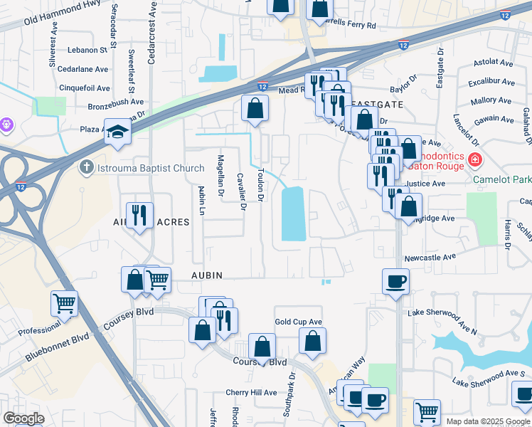 map of restaurants, bars, coffee shops, grocery stores, and more near 11070 Mead Road in Baton Rouge