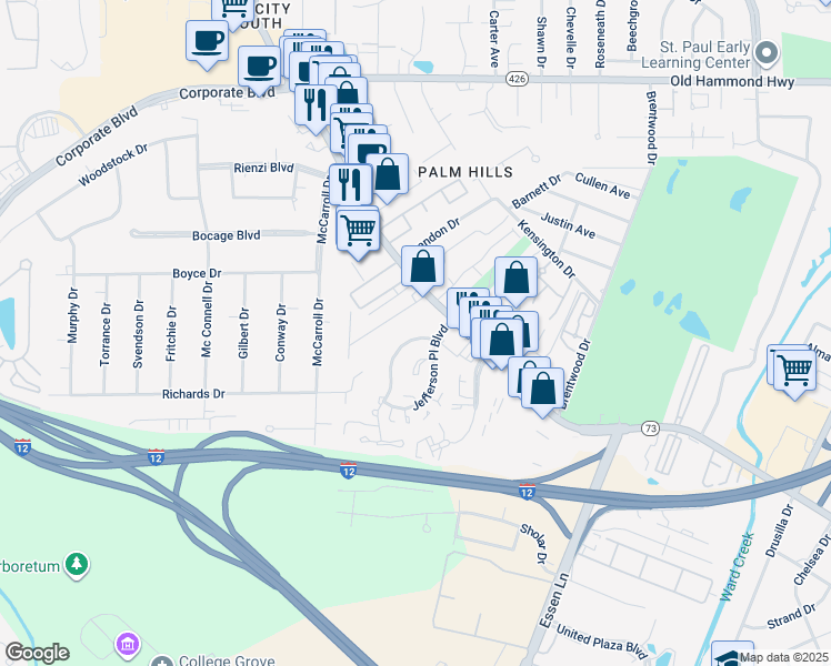 map of restaurants, bars, coffee shops, grocery stores, and more near 7887 North Jefferson Place Circle in Baton Rouge