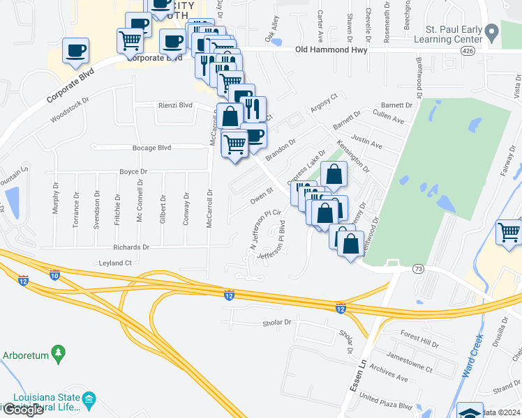 map of restaurants, bars, coffee shops, grocery stores, and more near 7974 Owen Street in Baton Rouge