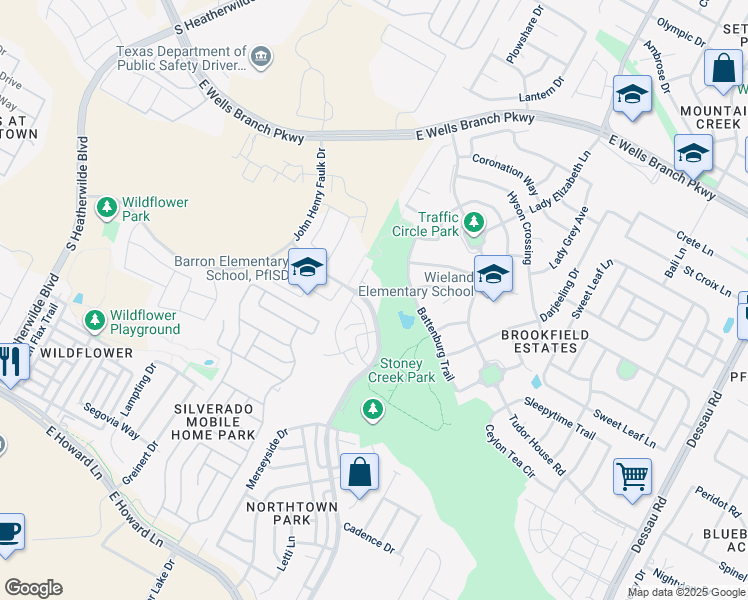 map of restaurants, bars, coffee shops, grocery stores, and more near 812B Emily Dickenson in Pflugerville