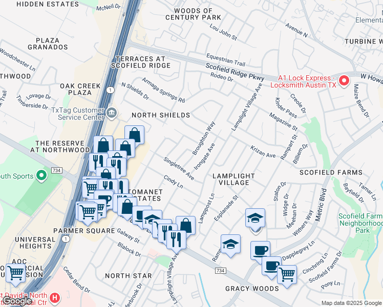 map of restaurants, bars, coffee shops, grocery stores, and more near 12818 Copper Cliff Avenue in Austin