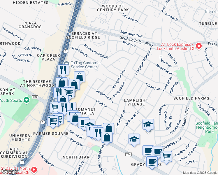 map of restaurants, bars, coffee shops, grocery stores, and more near 12818 Copper Cliff Avenue in Austin