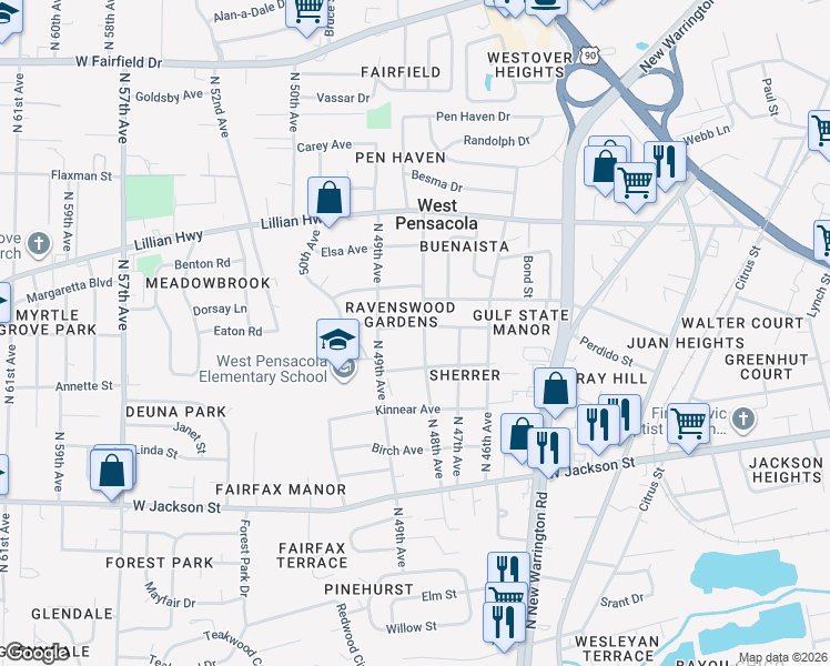 map of restaurants, bars, coffee shops, grocery stores, and more near 4800 State Street in Pensacola