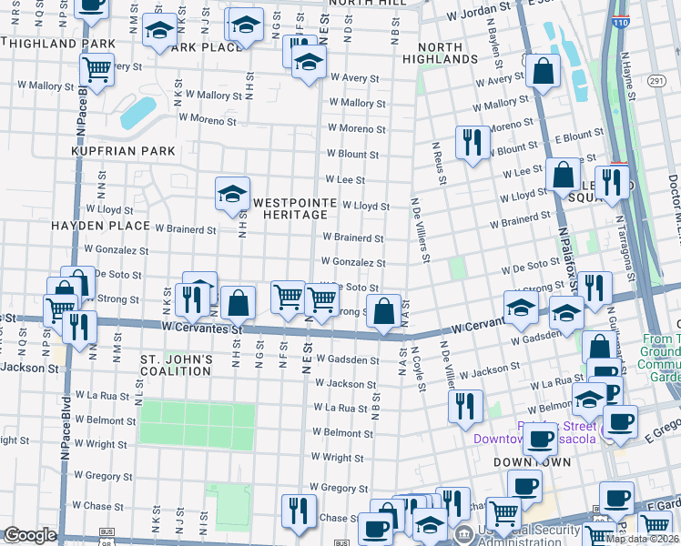 map of restaurants, bars, coffee shops, grocery stores, and more near 1019 North C Street in Pensacola
