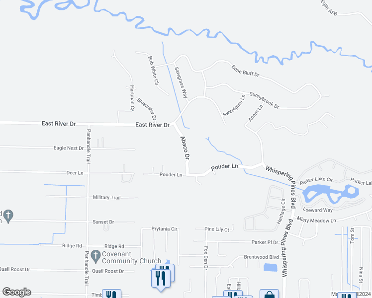 map of restaurants, bars, coffee shops, grocery stores, and more near 2391 Abaco Drive in Navarre