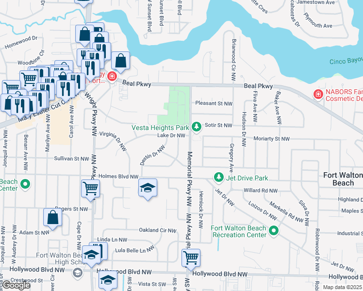 map of restaurants, bars, coffee shops, grocery stores, and more near 304 Leah Miller Drive Northwest in Ft Walton Bch
