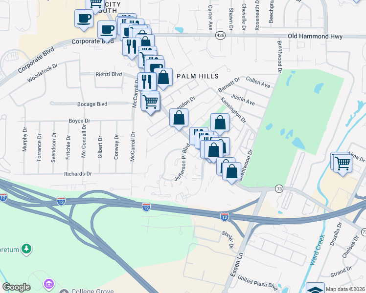 map of restaurants, bars, coffee shops, grocery stores, and more near 7827 North Jefferson Place Circle in Baton Rouge