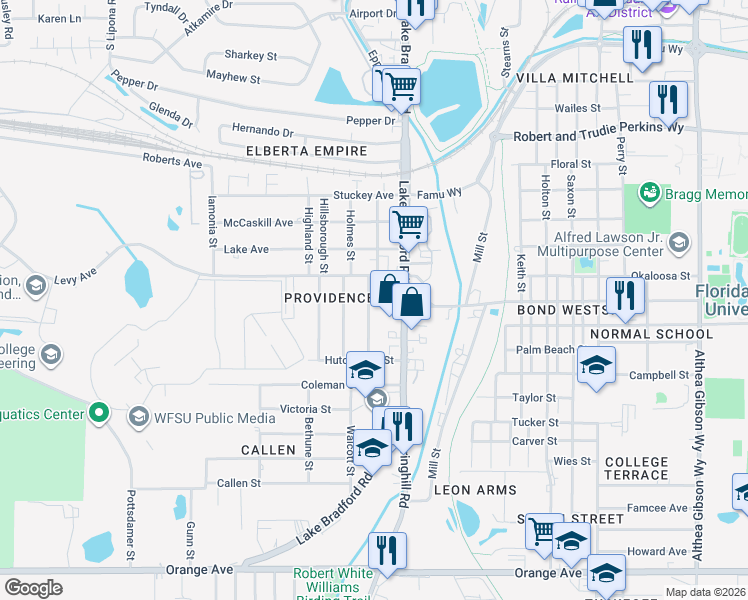 map of restaurants, bars, coffee shops, grocery stores, and more near 2017 Warwick Street in Tallahassee