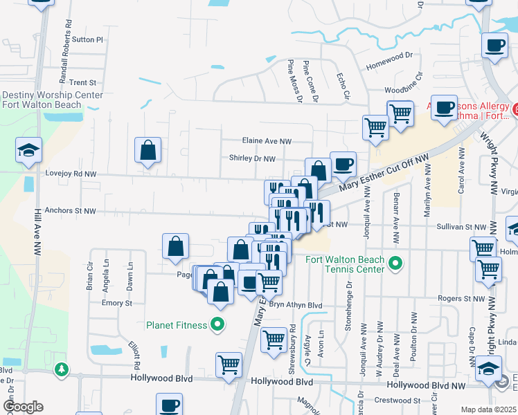 map of restaurants, bars, coffee shops, grocery stores, and more near 627 Anchors Street Northwest in Fort Walton Beach