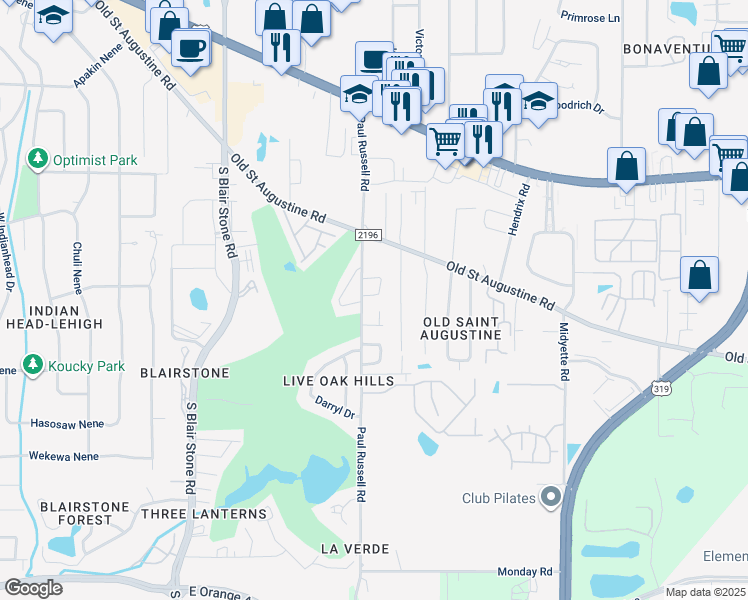 map of restaurants, bars, coffee shops, grocery stores, and more near 67 Paul Russell Circle in Tallahassee