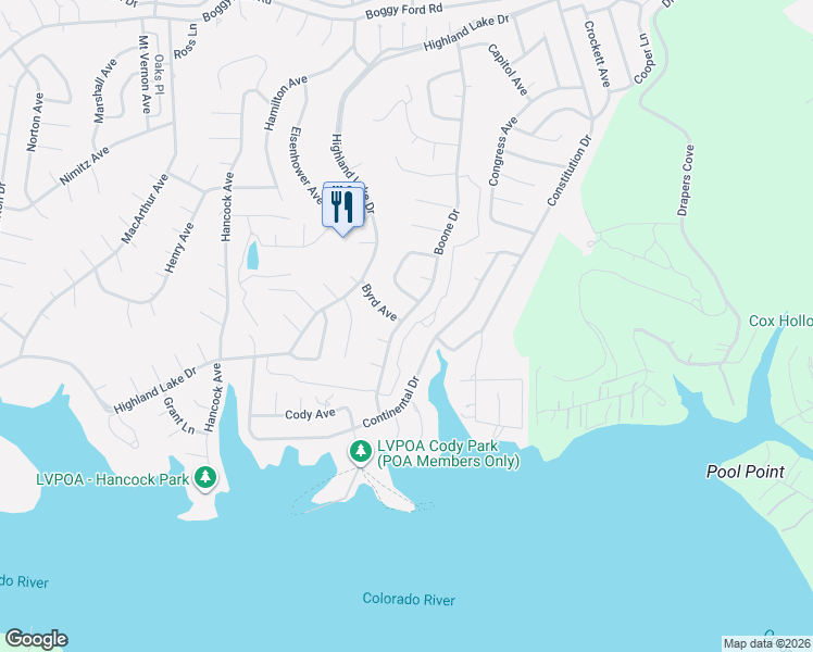 map of restaurants, bars, coffee shops, grocery stores, and more near 3003 Boone Drive in Lago Vista