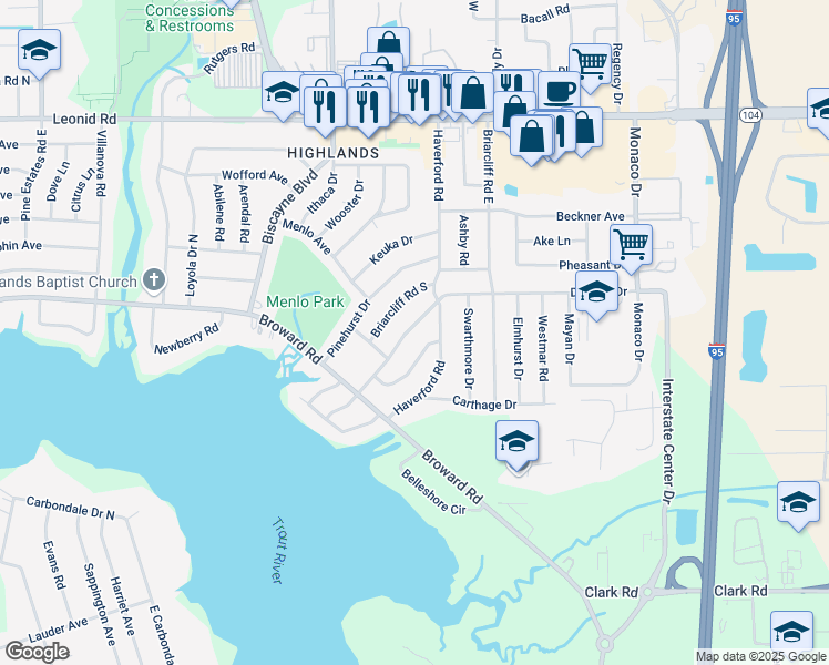 map of restaurants, bars, coffee shops, grocery stores, and more near 10504 De Paul Drive in Jacksonville