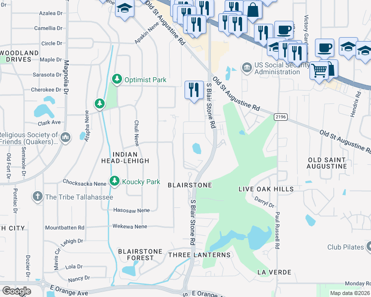 map of restaurants, bars, coffee shops, grocery stores, and more near 1317 Winewood Boulevard in Tallahassee