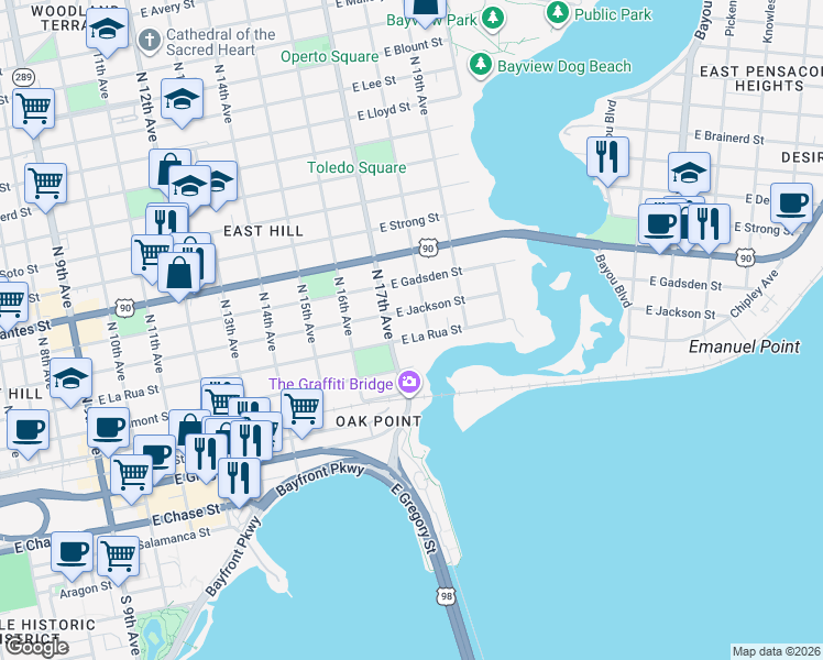 map of restaurants, bars, coffee shops, grocery stores, and more near 1723 East Jackson Street in Pensacola