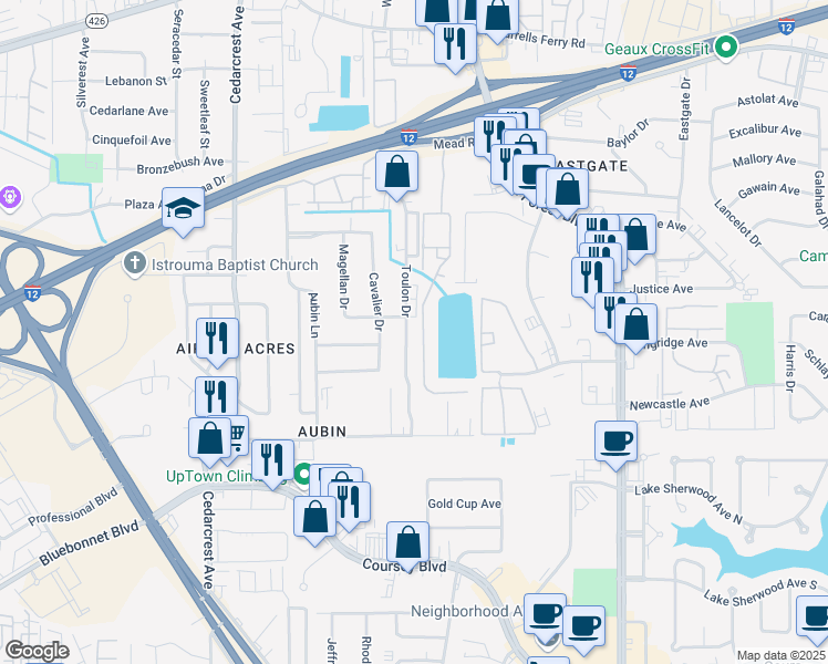 map of restaurants, bars, coffee shops, grocery stores, and more near 11070 Mead Road in Baton Rouge