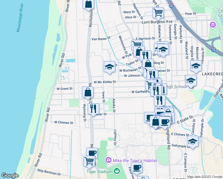 map of restaurants, bars, coffee shops, grocery stores, and more near 2720 Alaska Street in Baton Rouge
