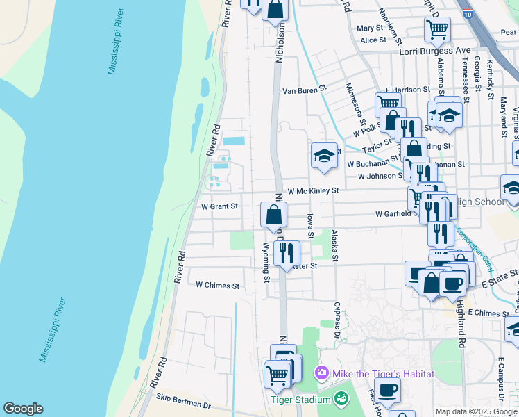 map of restaurants, bars, coffee shops, grocery stores, and more near 1013 West Grant Street in Baton Rouge