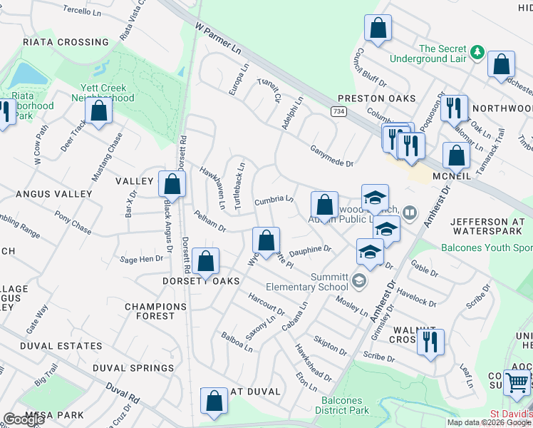 map of restaurants, bars, coffee shops, grocery stores, and more near 12314 Antoinette Place in Austin